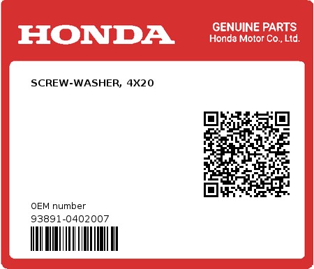Product image: Honda - 93891-0402007 - SCREW-WASHER, 4X20  0