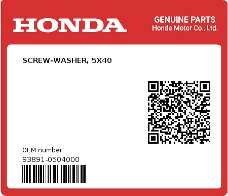 Product image: Honda - 93891-0504000 - SCREW-WASHER, 5X40  0