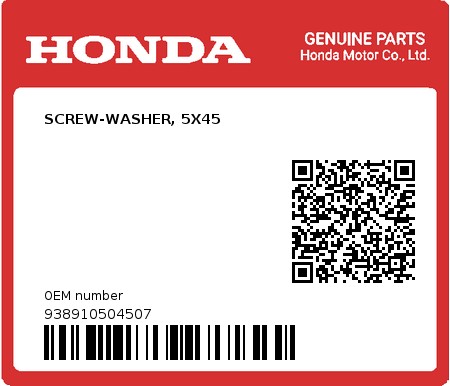 Product image: Honda - 938910504507 - SCREW-WASHER, 5X45  0