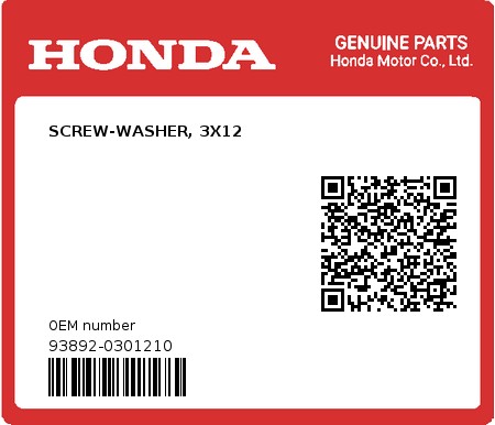 Product image: Honda - 93892-0301210 - SCREW-WASHER, 3X12  0