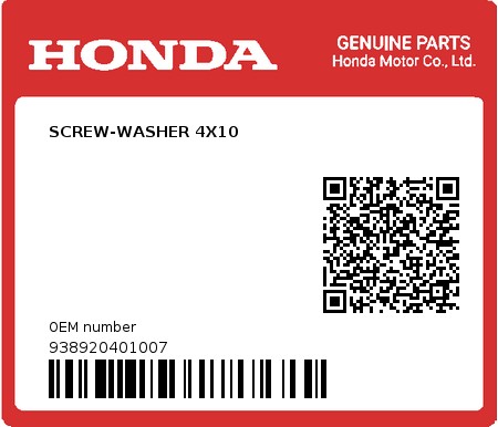 Product image: Honda - 938920401007 - SCREW-WASHER 4X10  0