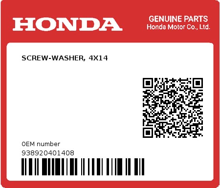 Product image: Honda - 938920401408 - SCREW-WASHER, 4X14  0