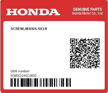 Product image: Honda - 938920401800 - SCREW,WASH,4X18  0