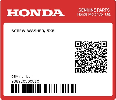 Product image: Honda - 938920500810 - SCREW-WASHER, 5X8  0