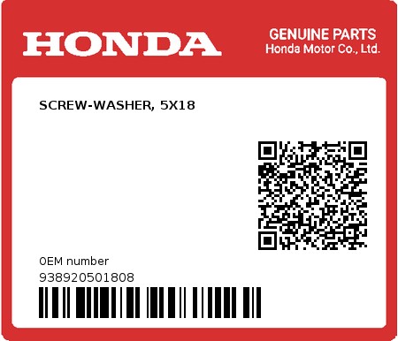 Product image: Honda - 938920501808 - SCREW-WASHER, 5X18  0