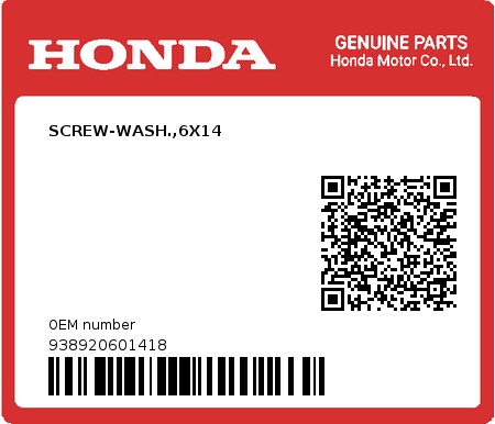 Product image: Honda - 938920601418 - SCREW-WASH.,6X14  0