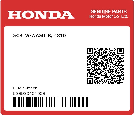Product image: Honda - 938930401008 - SCREW-WASHER, 4X10  0