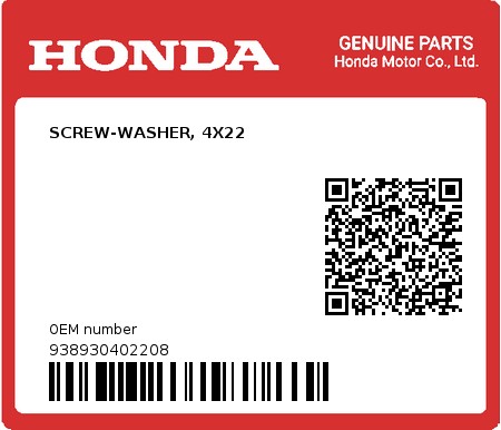 Product image: Honda - 938930402208 - SCREW-WASHER, 4X22  0