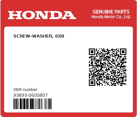 Product image: Honda - 93893-0600807 - SCREW-WASHER, 6X8  0