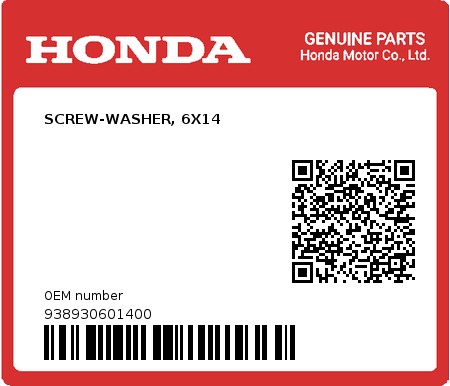 Product image: Honda - 938930601400 - SCREW-WASHER, 6X14  0