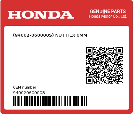 Product image: Honda - 940020600008 - (94002-060000S) NUT HEX 6MM  0