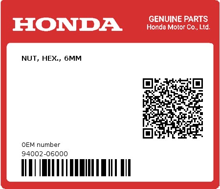 Product image: Honda - 94002-06000 - NUT, HEX., 6MM  0