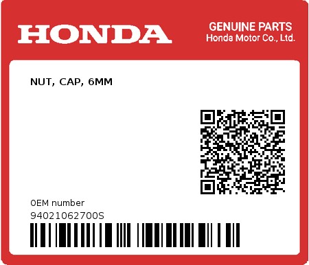 Product image: Honda - 94021062700S - NUT, CAP, 6MM  0