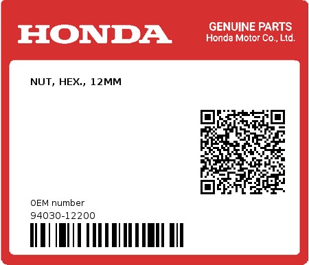 Product image: Honda - 94030-12200 - NUT, HEX., 12MM  0
