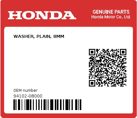 Product image: Honda - 94102-08000 - WASHER, PLAIN, 8MM 