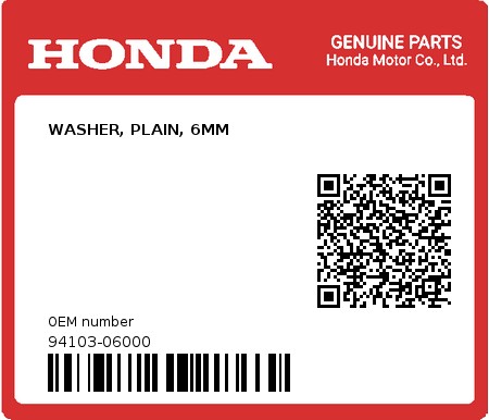 Product image: Honda - 94103-06000 - WASHER, PLAIN, 6MM 