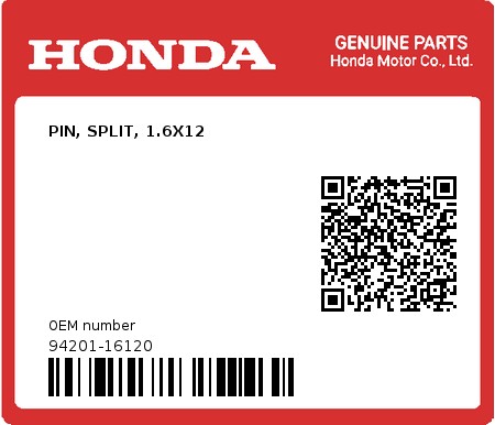 Product image: Honda - 94201-16120 - PIN, SPLIT, 1.6X12 