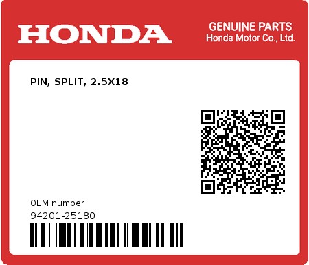 Product image: Honda - 94201-25180 - PIN, SPLIT, 2.5X18  0