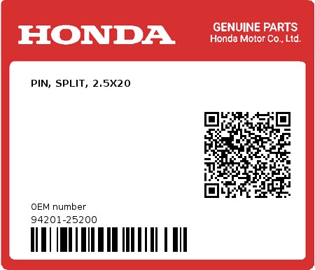 Product image: Honda - 94201-25200 - PIN, SPLIT, 2.5X20 