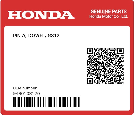 Product image: Honda - 9430108120 - PIN A, DOWEL, 8X12  0