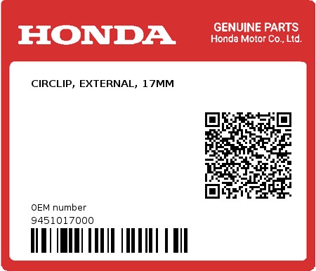 Product image: Honda - 9451017000 - CIRCLIP, EXTERNAL, 17MM  0