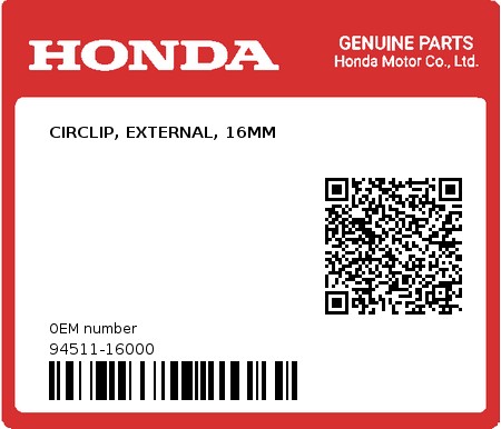 Product image: Honda - 94511-16000 - CIRCLIP, EXTERNAL, 16MM  0