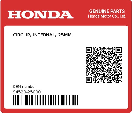 Product image: Honda - 94520-25000 - CIRCLIP, INTERNAL, 25MM  0