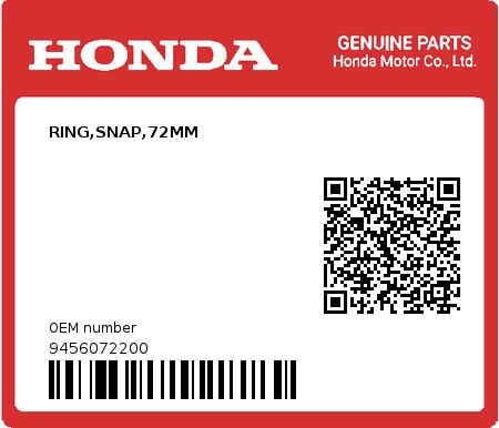 Product image: Honda - 9456072200 - RING,SNAP,72MM 