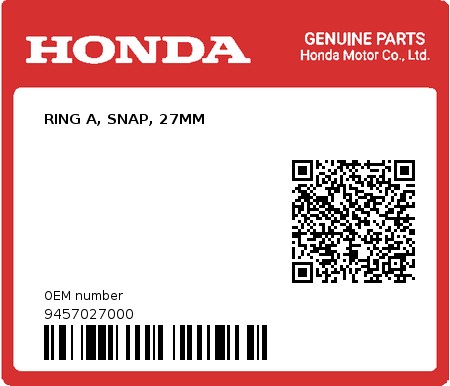 Product image: Honda - 9457027000 - RING A, SNAP, 27MM 