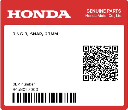 Product image: Honda - 9458027000 - RING B, SNAP, 27MM 