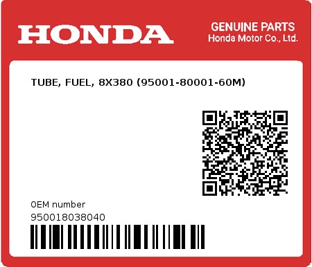 Product image: Honda - 950018038040 - TUBE, FUEL, 8X380 (95001-80001-60M)  0