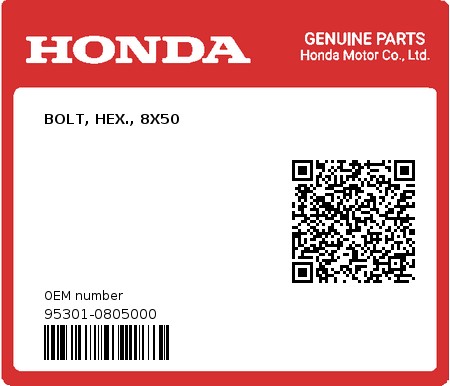 Product image: Honda - 95301-0805000 - BOLT, HEX., 8X50  0