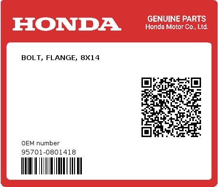 Product image: Honda - 95701-0801418 - BOLT, FLANGE, 8X14  0