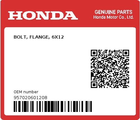 Product image: Honda - 957020601208 - BOLT, FLANGE, 6X12  0