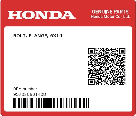 Product image: Honda - 957020601408 - BOLT, FLANGE, 6X14  0