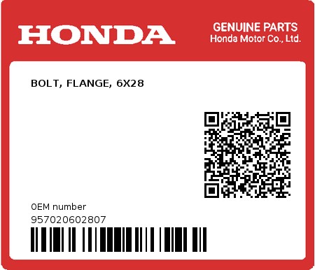 Product image: Honda - 957020602807 - BOLT, FLANGE, 6X28  0