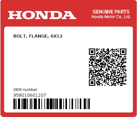 Product image: Honda - 958010601207 - BOLT, FLANGE, 6X12  0