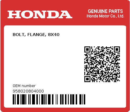 Product image: Honda - 958020804000 - BOLT, FLANGE, 8X40  0