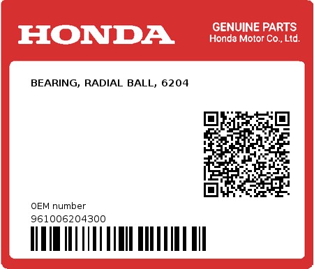 Product image: Honda - 961006204300 - BEARING, RADIAL BALL, 6204  0