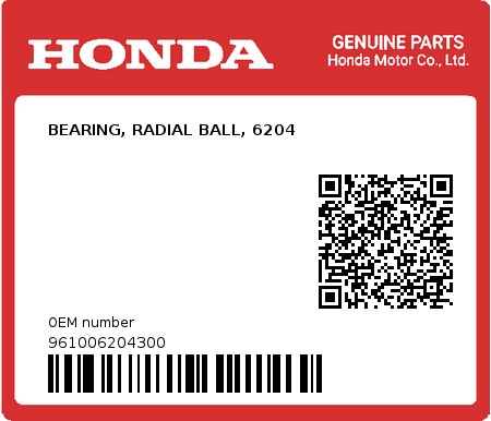 Product image: Honda - 961006204300 - BEARING, RADIAL BALL, 6204 