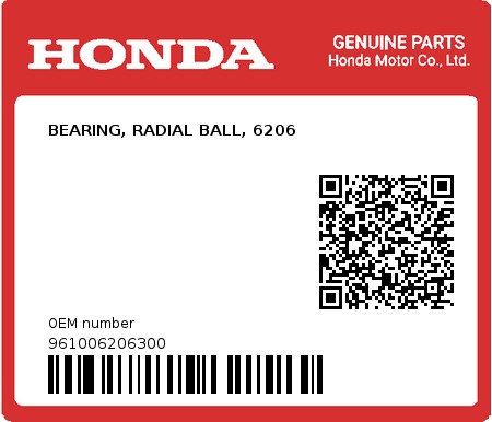 Product image: Honda - 961006206300 - BEARING, RADIAL BALL, 6206 