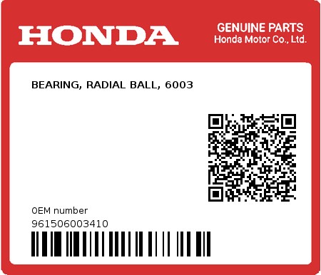 Product image: Honda - 961506003410 - BEARING, RADIAL BALL, 6003 