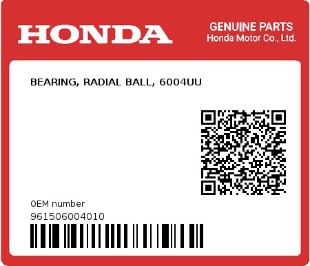 Product image: Honda - 961506004010 - BEARING, RADIAL BALL, 6004UU  0