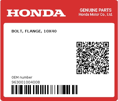 Product image: Honda - 963001004008 - BOLT, FLANGE, 10X40  0