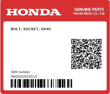 Product image: Honda - 966000604010 - BOLT, SOCKET, 6X40  0