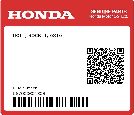 Product image: Honda - 967000601608 - BOLT, SOCKET, 6X16  0
