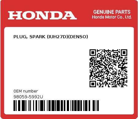 Product image: Honda - 98059-5992U - PLUG, SPARK (IUH27D)(DENSO)  0