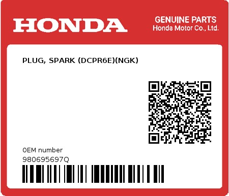 Product image: Honda - 980695697Q - PLUG, SPARK (DCPR6E)(NGK) 