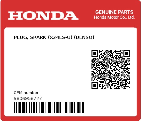 Product image: Honda - 9806958727 - PLUG, SPARK (X24ES-U) (DENSO) 