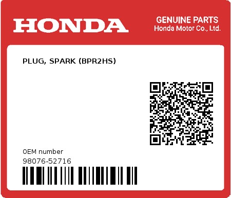 Product image: Honda - 98076-52716 - PLUG, SPARK (BPR2HS)  0